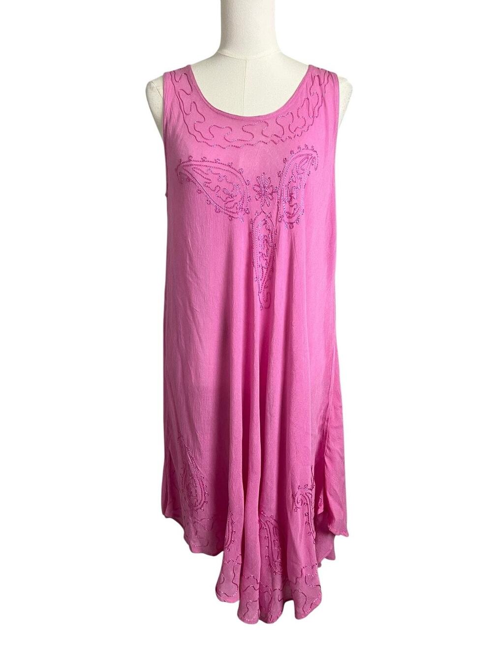 S.R. Fashion Pink Rayon Handkerchief Hem Dress Boho Free Size India Embroidered